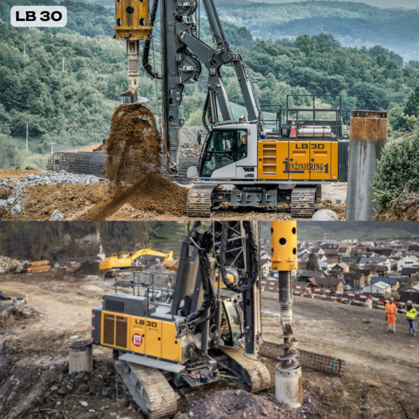 Liebherr LB 30 rotary drilling rig working on foundation site — Nenzing-built deep foundation equipment.
