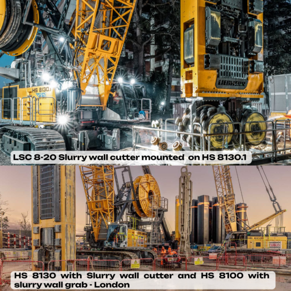 Liebherr HS 8130.1 duty-cycle crawler crane with LSC 8-20 slurry wall cutter operating on urban construction site.
