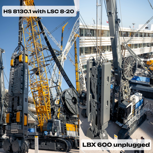Liebherr HS 8130.1 with LSC 8-20 cutter and LBX 600 Unplugged — battery-powered foundation rigs at Bauma exhibition.