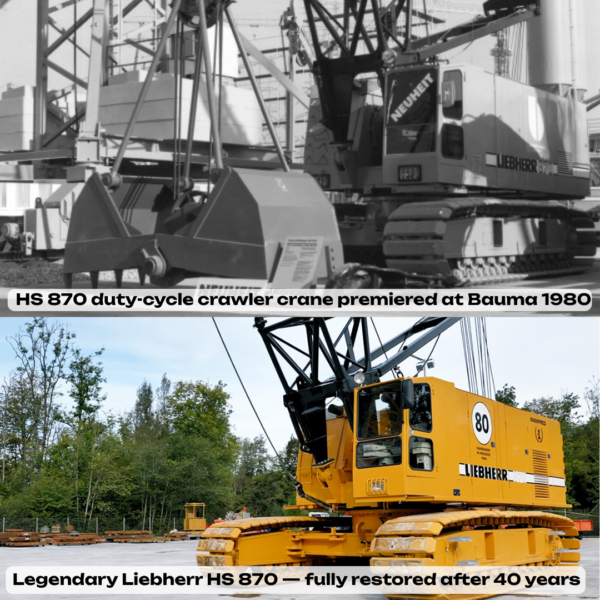 Historic Liebherr HS 870 duty-cycle crawler crane premiered at Bauma 1980 and fully restored after 40 years.